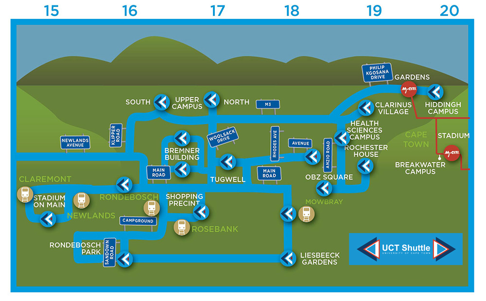 The UCT Shuttle routes around Upper Campus